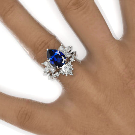 3 Carat Pear Royal Blue Sapphire Halo Floral  Engagement Ring 14K White Gold Ring Set