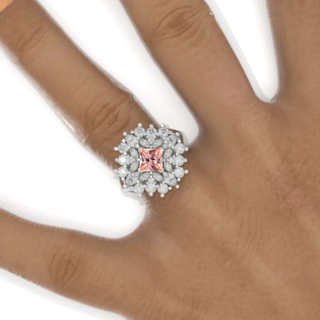 3 CTW Peach Sapphire Cluster Halo Engagement Ring Vintage Anniversary Gold Ring Model 1132