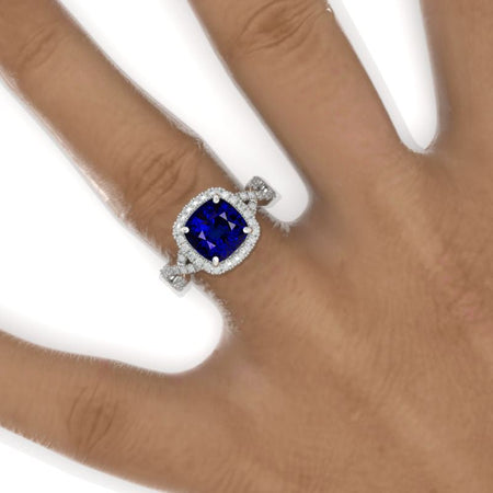 3 Carat Cushion Cut Vintage Style Halo Royal Blue Sapphire White Gold Engagement Ring