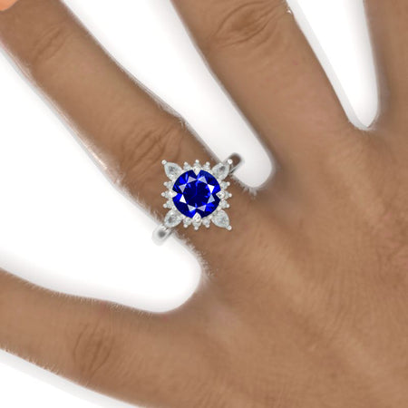 2 Carat Round Royal Blue Sapphire Snowflake Start Halo Engagement Ring Model 892