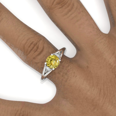 Trillion Three Stone Yellow Sapphire White Gold Engagement Ring Model 300