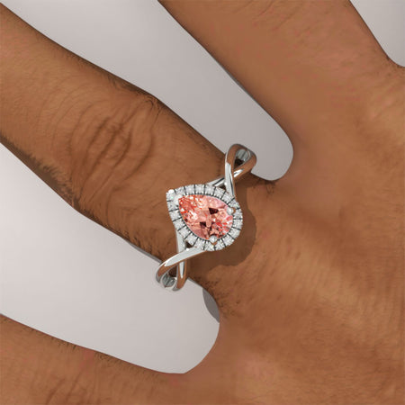 14K White Gold 0.8 Carat Pear Peach Sapphire Halo Engagement Ring Model 156