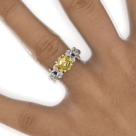 3 Carat Hexagon Yellow Sapphire Floral 14K White Gold Engagement Ring Model 920-8x7