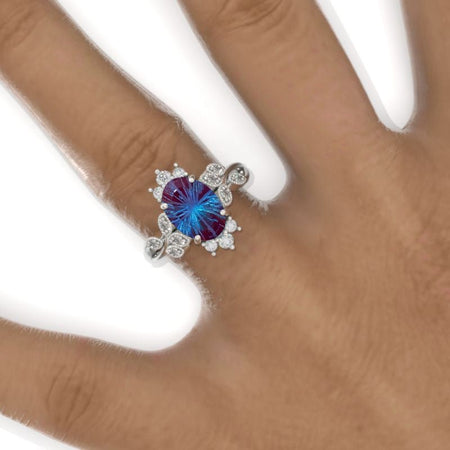2 Carat Oval Fireworks Cut Alexandrite  Floral Setting White Gold Engagement Ring