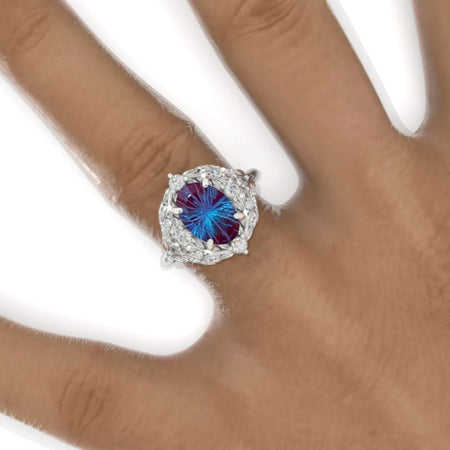 2 Carat Oval Fireworks Cut Alexandrite Floral Leaves Setting White Gold Engagement Ring