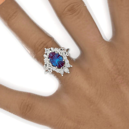 3 Carat Oval Fireworks Cut Alexandrite Halo Ornamental Engagement Ring