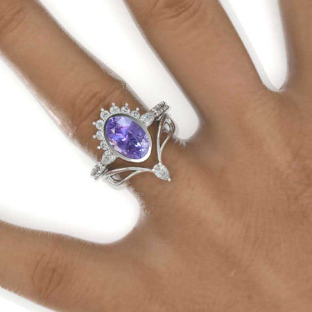 3 Carat Oval Purple Sapphire Bezel Set Engagement Ring Eternity Ring Set
