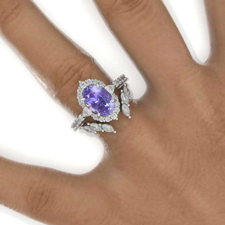 3 Carat Oval Purple Sapphire Halo Engagement Ring Eternity Ring Set