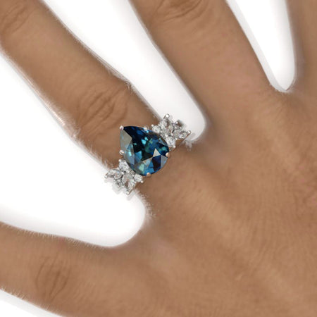 3 Carat Pear Teal Sapphire Cluster 14K White Gold Floral  Engagement Ring