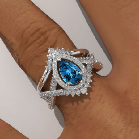 14K White Gold 1 Carat Pear Genuine London Blue Topaz Halo Twisted Engagement Ring Eternity Ring Set