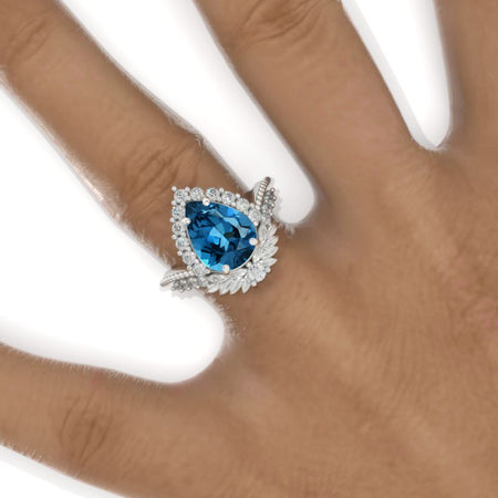 3 Carat Pear Genuine London Blue Topaz Halo Floral Engagement Ring 14K White Gold Ring