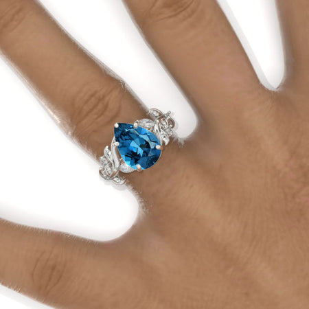 3 Carat Pear Genuine London Blue Topaz Halo Floral Engagement Ring 14K White Gold Ring