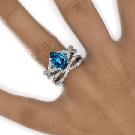 3 Carat Pear Genuine London Blue Topaz Halo Twisted Engagement Ring 14K White Gold Ring Set