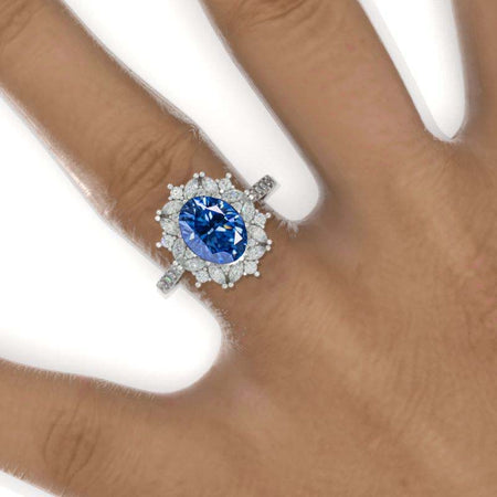 3 Carat Oval Dark Blue Moissanite Halo Vintage 14K White Gold Engagement Ring 804-10x8