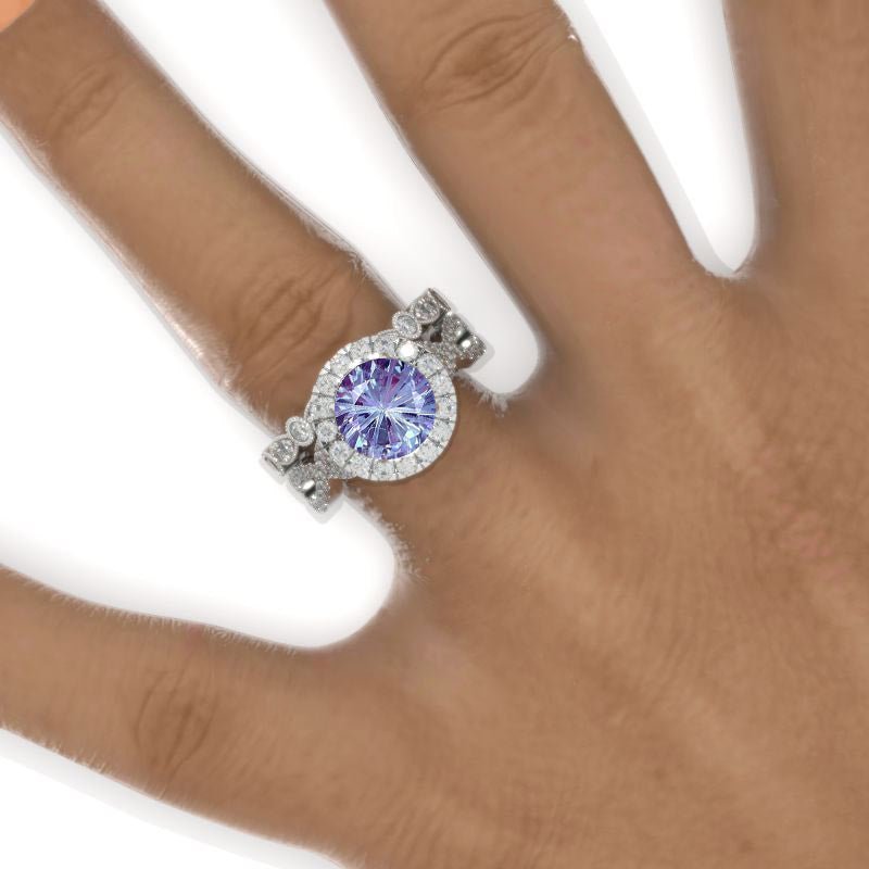 2 Carat Round Fireworks Cut Alexandrite Halo Twisted Shank Engagement Ring, Eternity Ring Set