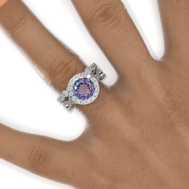 2 Carat Round Portuguese Cut Alexandrite Halo Twisted Shank Engagement Ring, Eternity Ring Set