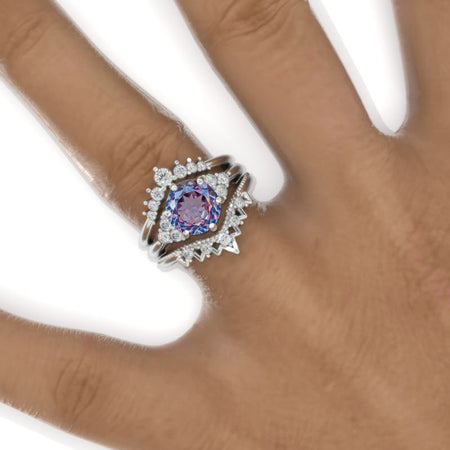 2 Carat Round Portuguese Cut Alexandrite Floral Shank Engagement Ring, Eternity Ring Set