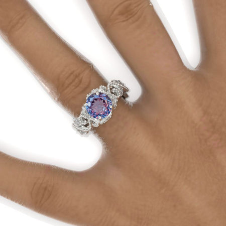 2 Carat Portuguese Cut Alexandrite Ornamental Floral White Gold Engagement Ring