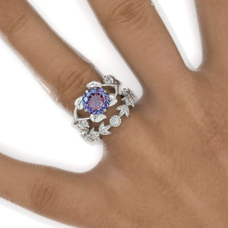 2 Carat Round Portuguese Cut Alexandrite Floral Twig Engagement Ring, Eternity Ring Set
