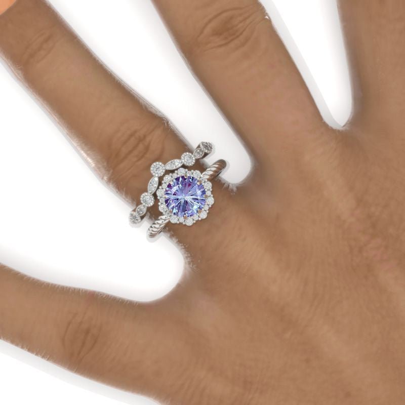 2 Carat Round Fireworks Cut Alexandrite Halo 14k White Gold Engagement Ring Eternity Ring Set