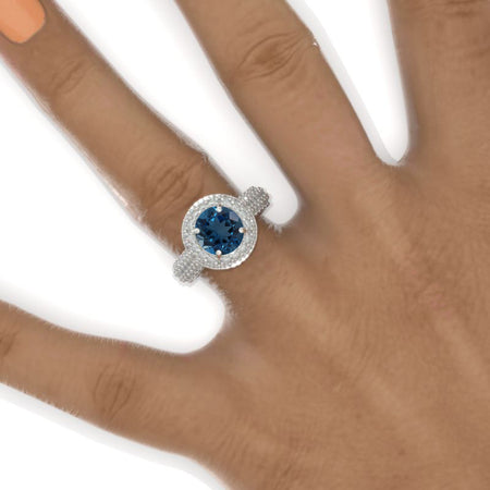 2 Carat Carat Round Cut Genuine London Blue Topaz Double Halo White Gold Engagement Ring