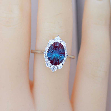 3 Carat Oval 9x7 Fireworks Cut Alexandrite Halo Engagement Ring, Promise Ring For Her, Fireworks Cut Alexandrite Wedding Ring, Engagement Ring