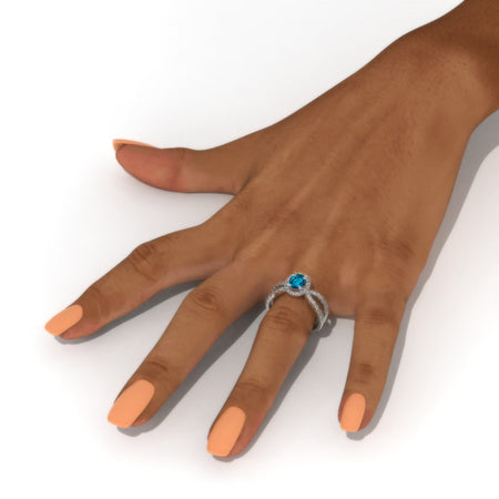 14K  White Gold 1.5 Carat  Genuine London Blue Topaz Halo French-Set Engagement Ring