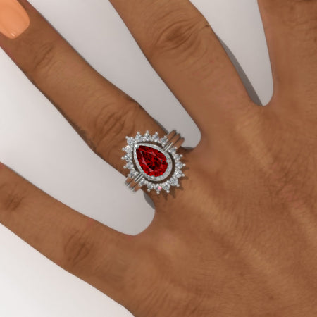 1.5 Carat Pear Halo Ruby Engagement 14K White Gold  Ring Eternity Ring Set