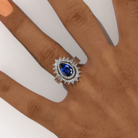 1.5 Carat Pear Royal Blue Sapphire Halo Engagement 14K White Gold  Ring Eternity Ring Set Model 151-8x5