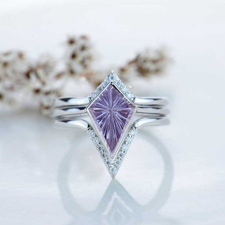 14K White Gold 3 Carat Kite Vintage Kite Fireworks Cut Alexandrite Halo Engagement Ring, Three Rings Set