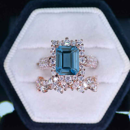 3 Carat Halo Emerald Cut Teal Sapphire 14K White Gold Engagement Ring Set.