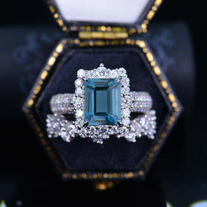 3 Carat Halo Emerald Cut London Blue Topaz 14K White Gold Engagement Ring Set.