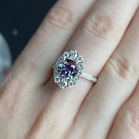 14K White Gold 2 Carat Round Alexandrite Halo Engagement Ring