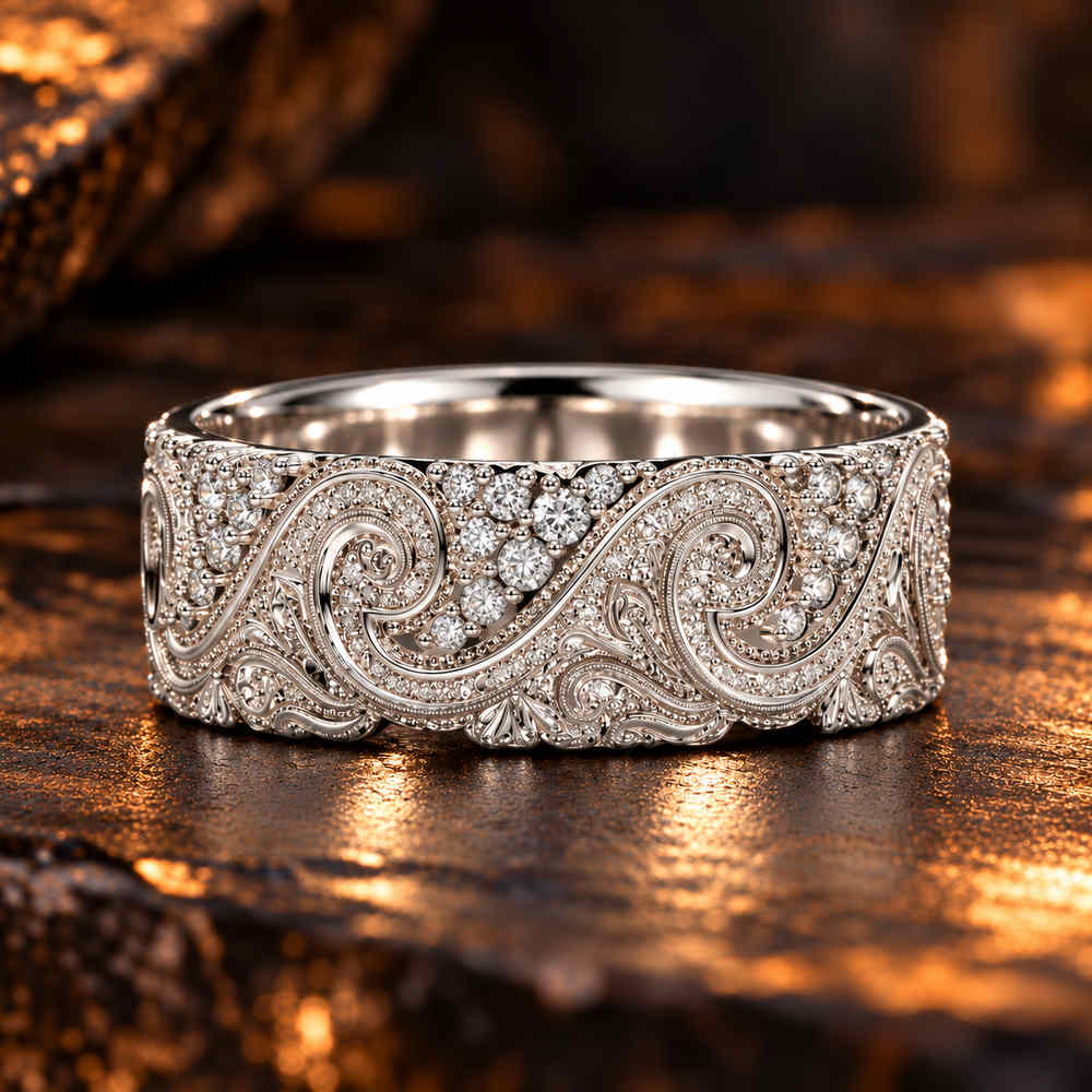 8mm Wide 14K Solid Gold Lab Grown Diamond Wedding Band – Vintage Wave Filigree Ring, Ornate Anniversary Band Model 1427
