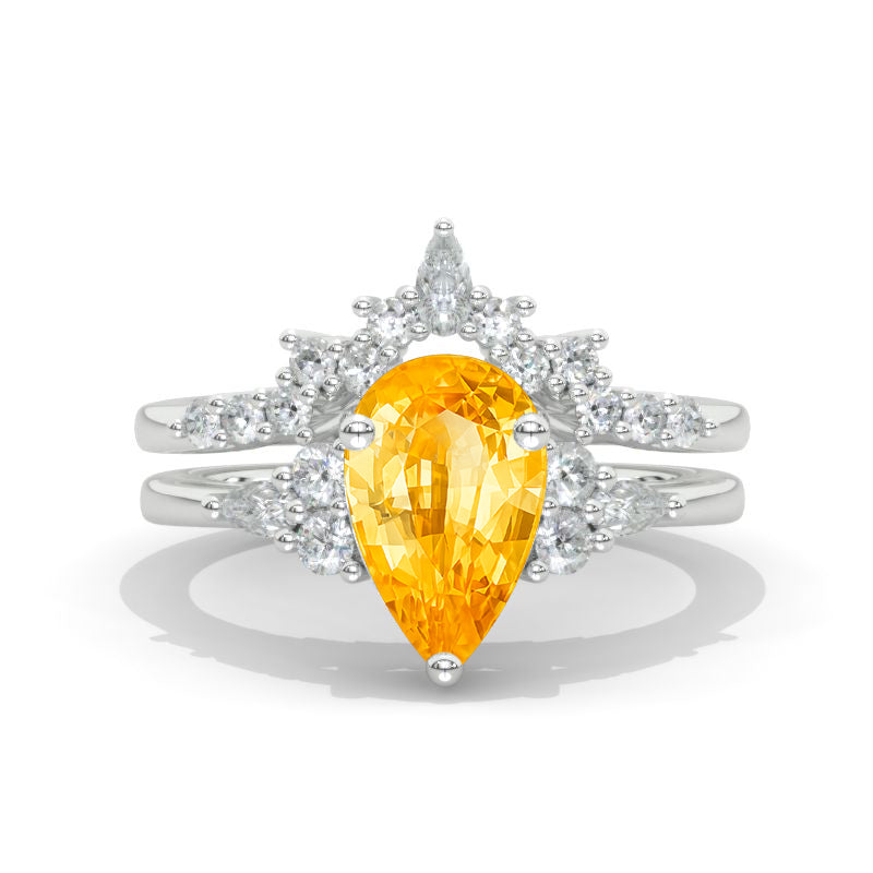 3 Carat Pear Halo Genuine Yellow Citrine Engagement 14K White Gold  Ring Eternity Ring Set Model 875-11x7