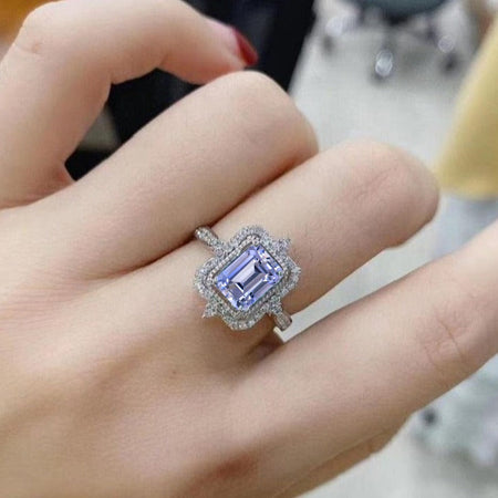3Ct Emerald cut Halo Lavender Purple Sapphire ring, Lavender Purple Sapphire solitaire ring, Lavender Purple Sapphire ring, Lavender Purple Sapphire emerald cut vintage ring