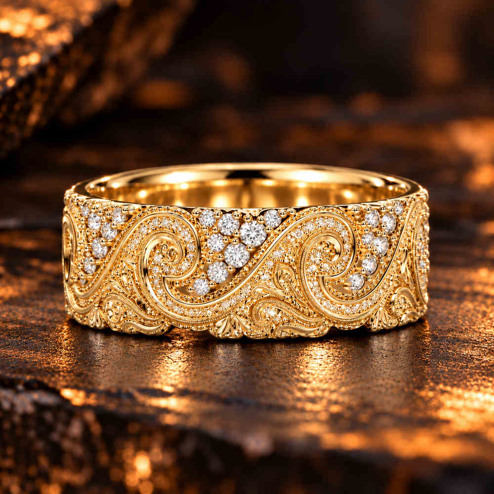8mm Wide 14K Solid Gold Lab Grown Diamond Wedding Band – Vintage Wave Filigree Ring, Ornate Anniversary Band Model 1427