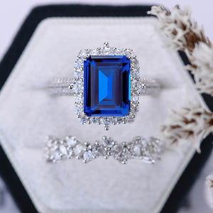 3Ct Royal Blue Sapphire Engagement Ring Halo Emerald Cut Sapphire Engagement Ring, 9x7mm Step Cut Sapphire Engagement Ring with Eternity Band