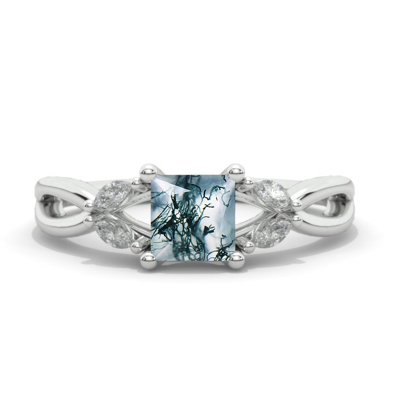 Princess Cut Genuine Moss Agate Twisted Shank Engagement Ring