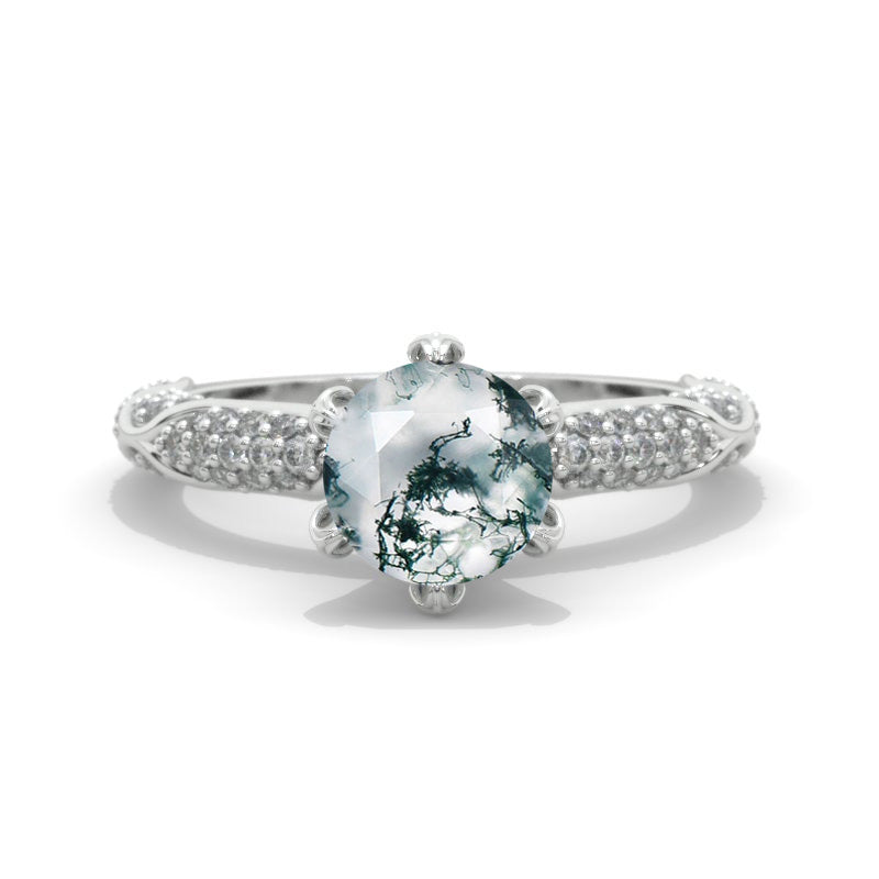 2 Carat Genuine Moss Agate Floral  White Gold Engagement  Ring