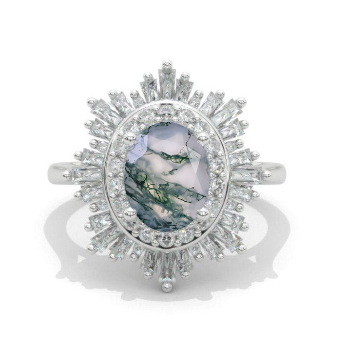 14K White Gold 2 Carat Oval Genuine Moss Agate Halo Engagement Ring