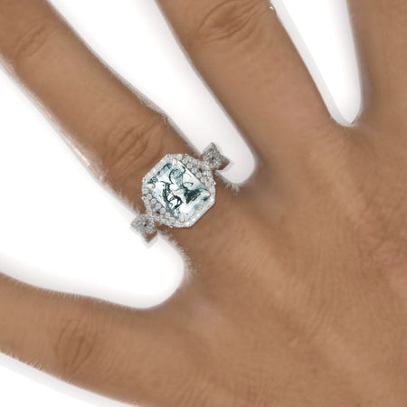 3 Carat Emerald Halo Genuine Moss Agate Twisted Shank  White Gold Engagement Ring