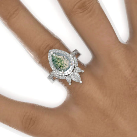 3 Carat Pear Genuine Moss Agate Halo Engagement Ring 14K White Gold Ring Set