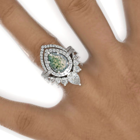 3 Carat Pear Genuine Moss Agate Halo Engagement Ring 14K White Gold Ring Set