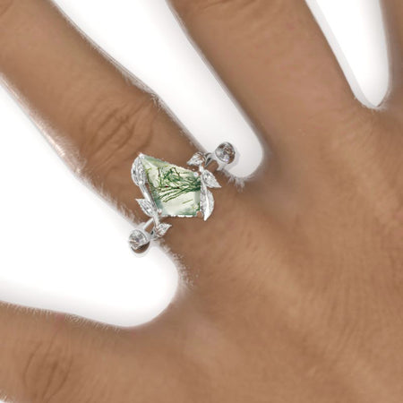 2.5 Carat Kite Genuine Moss Agate Twig Floral Leaf 14K White Gold Engagement Ring