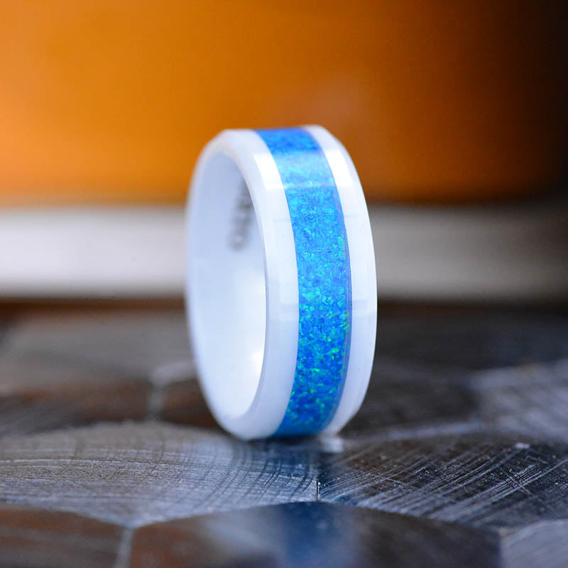 Australian Blue Fire Opal Ceramic Ring For Her For Him, Couples Promise Ring, Blue Opal White Ceramic Ring, Cool Opal Giliarto Ring For Him