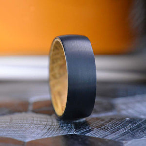 Brushed Black Tungsten Ring with Inner Solid Whiskey Barrel Oak Wood