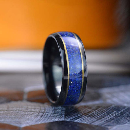 Genuine Crashed Blue Lapis Stone with Copper Stipes Inlay Tungsten Carbide Ring