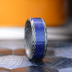 Damascus Steel Laser Engraved Pattern Tungsten Ring  with Crashed Lapis Stone Inlay.