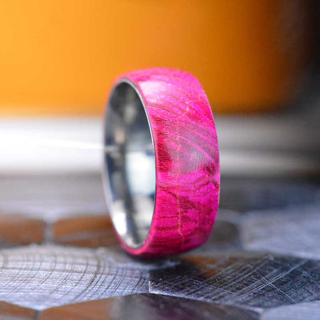 Pink Wood Inlay Titanium Ring.